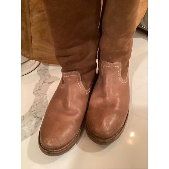 Frye Womens Celia Shearling Back Lace Boot Sz 9 Leather Fawn 16” Shaft - Picture 2 of 9